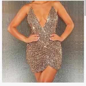 Women's Sexy Halter Sequin Deep V Neck Mini Dress Gold Large